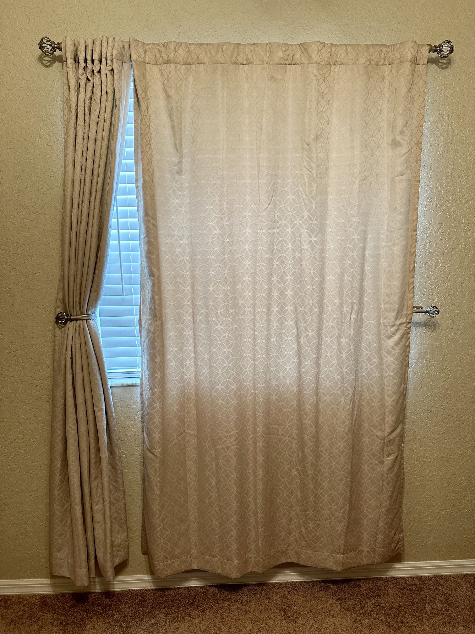 Like New Set of Two Beige Heavy Duty Decorative Curtains, Each Curtain is 84 Inches Long by 53 Inches Wide, Does Not Include Curtain Rod