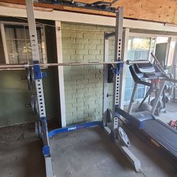 Squat Rack, Olympic Bars/plates, Treadmill, Battle Ropes Etc.   