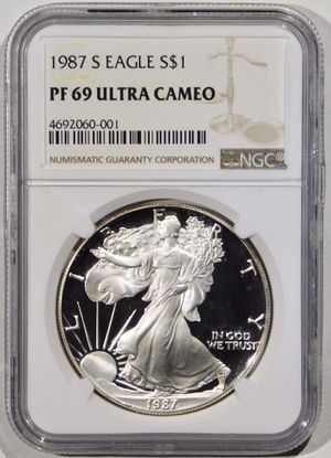 Photo 1987 S $1 PROOF American Silver Eagle. PCGS Proof-69DCAM.