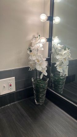 Faux White Orchid Arrangement in Glass Vase