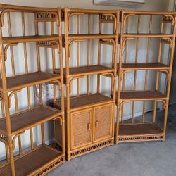Vintage Bamboo Bookcase Set 3pc Modular Shelves Golden Rattan Tiki Boho Rack Case Stand Beach Cabinet Media Shelf Entertainment Center