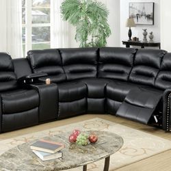 Brand New Black Reclining Power Motion Leather Sectional  Sofa Built-in USB And Cupholders 