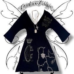 Vintage Y2K Christian Audigier Black Midi Dress with Graphics & Rhinestones