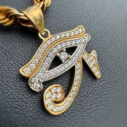 Jewelry 10k yellow gold mom white CZ stone 0.70CTW eye of Horus pendant rope chain necklace 22.00” 4.50mm