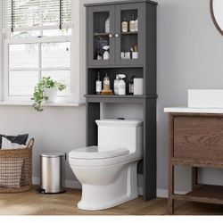 Over the Toilet Storage Cabinet, Bathroom Shelf Organizer with Anti-Tip Device Small Freestanding Space Saver with Adjustable Shelf and Glass Door, Wh
