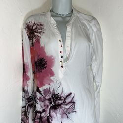 Desigual Blouse Size Xl Floral Button Down White 