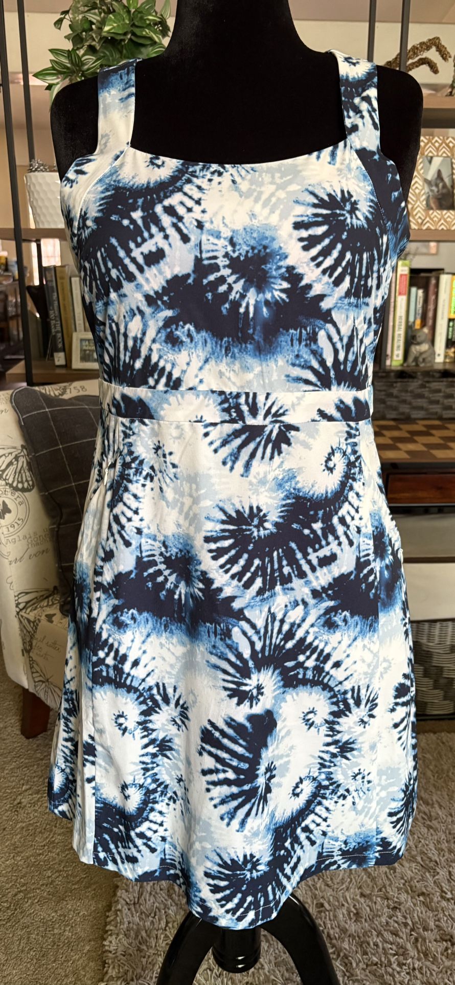 Kyodan Summer Dress, Large, Poly/Spandex, Blue/White Batik, Gently Used