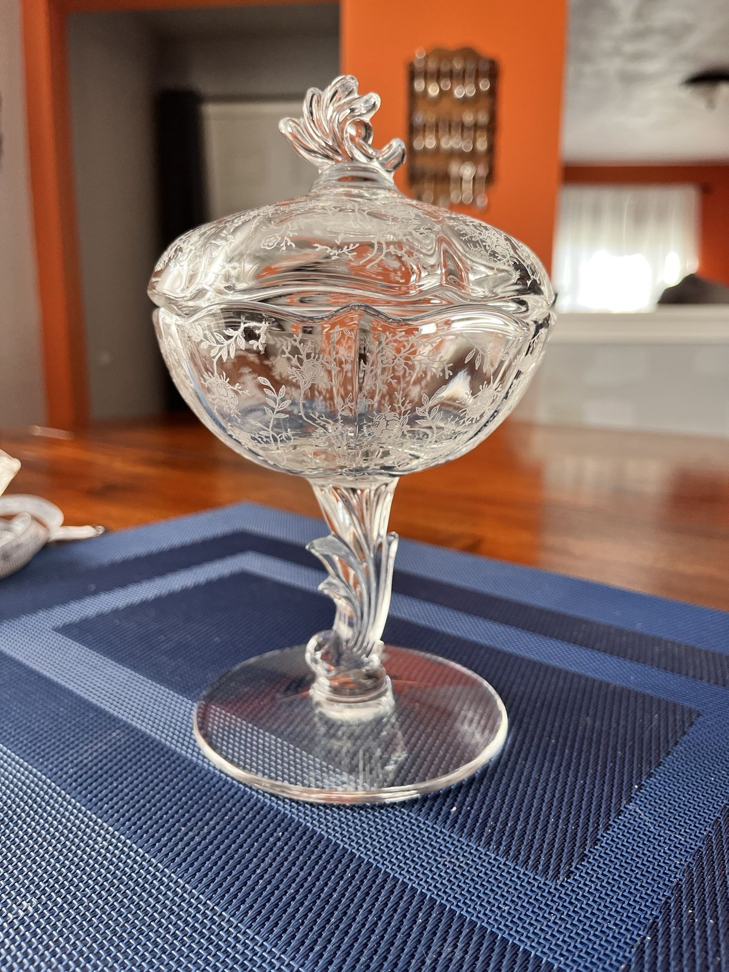Fostoria Chintz Etched Crystal Covered Comport – Baroque Stem Candy Dish with Lid