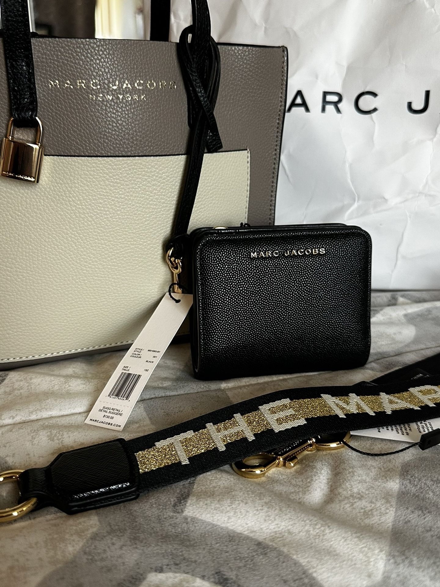 Authentic Marc Jacobs Mini Loam Soil Multi Leather Crossbody Bag, Small Bifold Wallet Black, & The Logo Gold Multi Webbing Strap Bundle. All Brand New