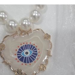 Beaded Pearl Necklace Heart Evil Eye Pendant White Gold Blue 18" Charm