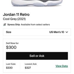 Jordan 11 Cool Grey Size 10 DS