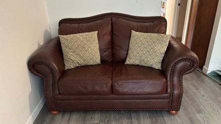 Brown Leather Loveseat with Nailhead Trim