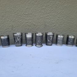 9  Pices Mix Designs Vintage Piece German Pewter Drinking Cups "Waidmanns Heil"


