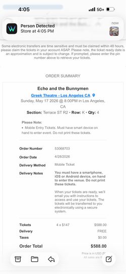 ECHO AND THE BUNNYMEN TICKETS X4