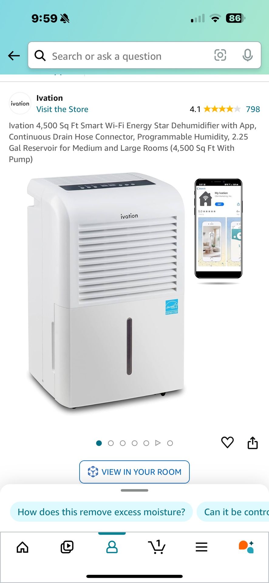 Ivation 4,500 Sq Ft Smart Wi-Fi Energy Star Dehumidifier