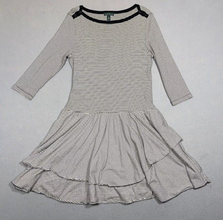 RL Lauren Ralph Lauren Women's Striped Ruffle Dress 3/4 Sleeve Scoop Neck Size L