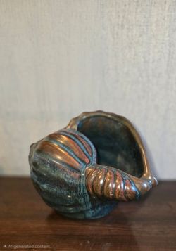 Ceramic Shell-Shaped Planter, Nautical Blue Brown Glossy Glazed