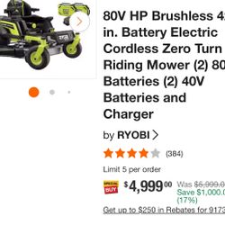 RYOBI 80V HP Brushless 30 in. Battery Electric Cordless Zero Turn Riding Mower with (2) 80V 10 Ah Ba