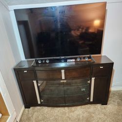 Wood / Glass TV Stand With Shelves And Drawers 