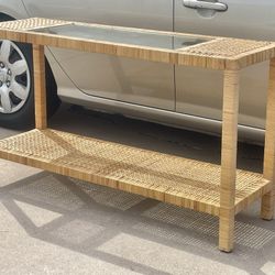 Vintage Mid Century 48” Wicker Rattan Console Table Side Table w/ Glass Insert
