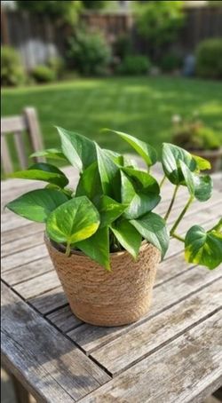 🌿 Bushy Golden Pothos Plant in 7" Woven Seagrass Planter | Healthy Indoor Houseplant