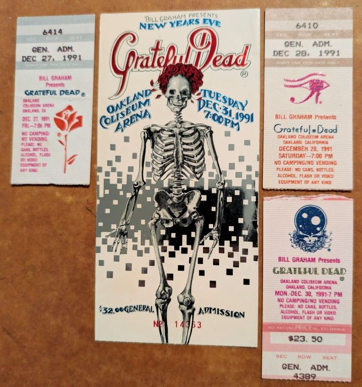 Grateful Dead Ticket Stub - 12/31/1991- New Years Eve 1991-92 + 3 additional mail order ticket stubs
