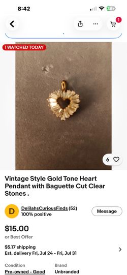 Vintage Gold Tone Heart Shaped Heart Pendant with Baguette clear stones.