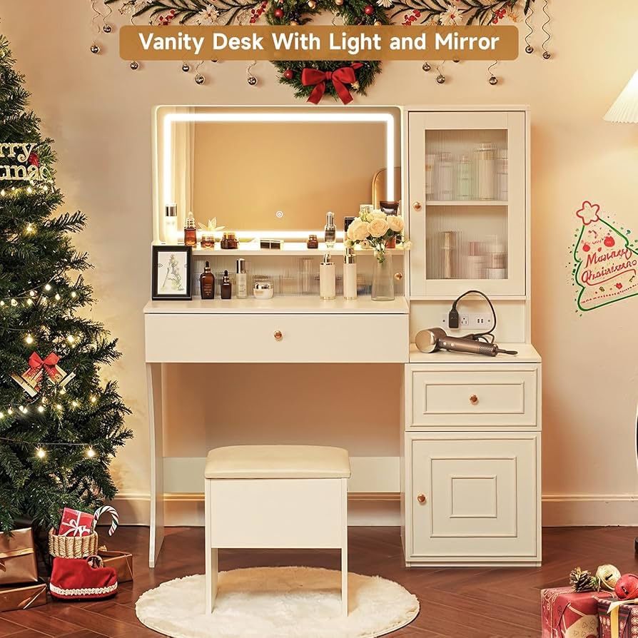 Large Vanity Desk with Mirror and Light, Vanity Table and Cushioned Stool Set, Makeup Vanity Table Makeup Desk with Charging Station, Storage Stool,