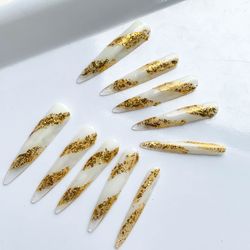 Handmade White & Gold Press-On Nails with Gold Glitter Accents