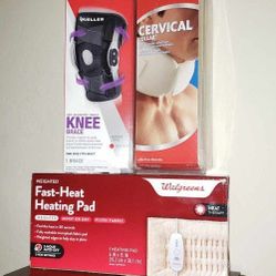 X3 NEW IN PACKAGE WALGREENS ACE CERVICAL COLLAR KNEE BRACE ONE SIZE HEATING PAD SET