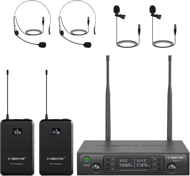 Pro Dual Wireless Microphone System w/ 2x100 UHF Frequencies, Auto-Scan Cordless Mic Set, 2 Bodypacks & Headsets/Lapel Microphones for Speaking, Singi