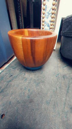 Staved Teak Wood Bowl with Metal Base