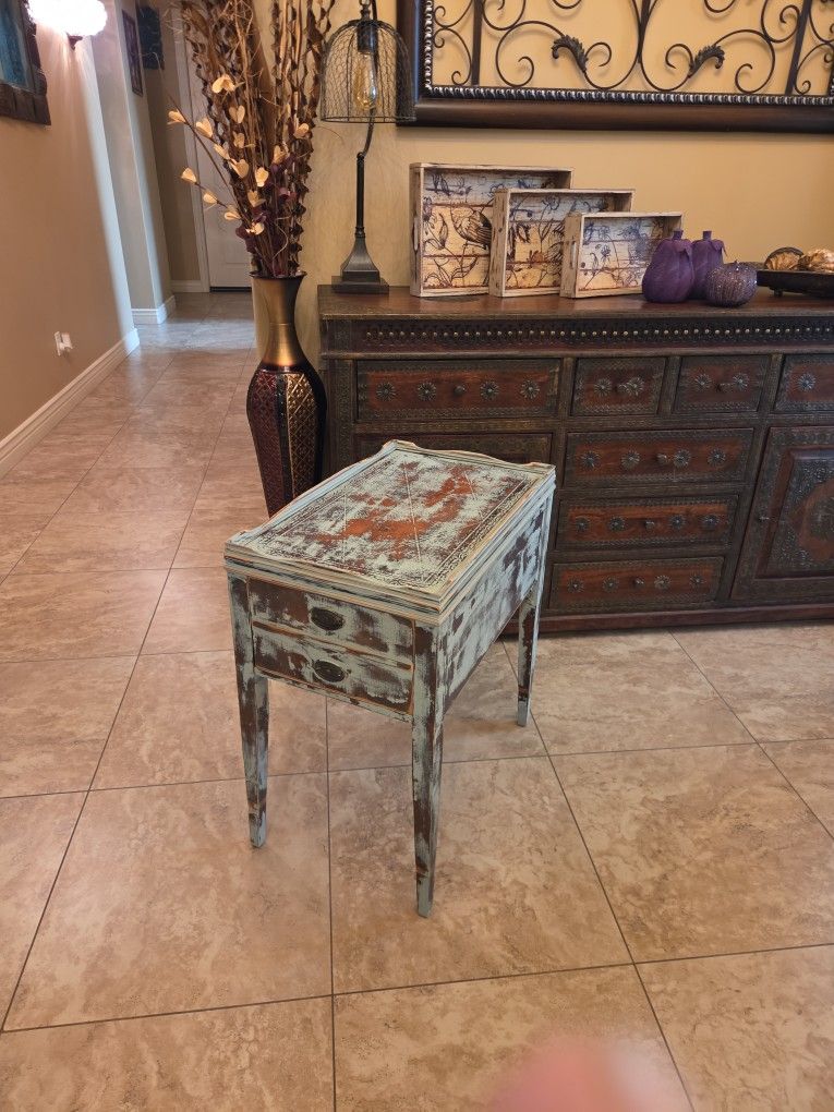 Rustic Blue/gray Side Table With Drawer
