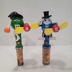 (2) M&M 2010 Halloween Green Girl Witch & Blue Boy Skeleton Fan Candy Dispensers