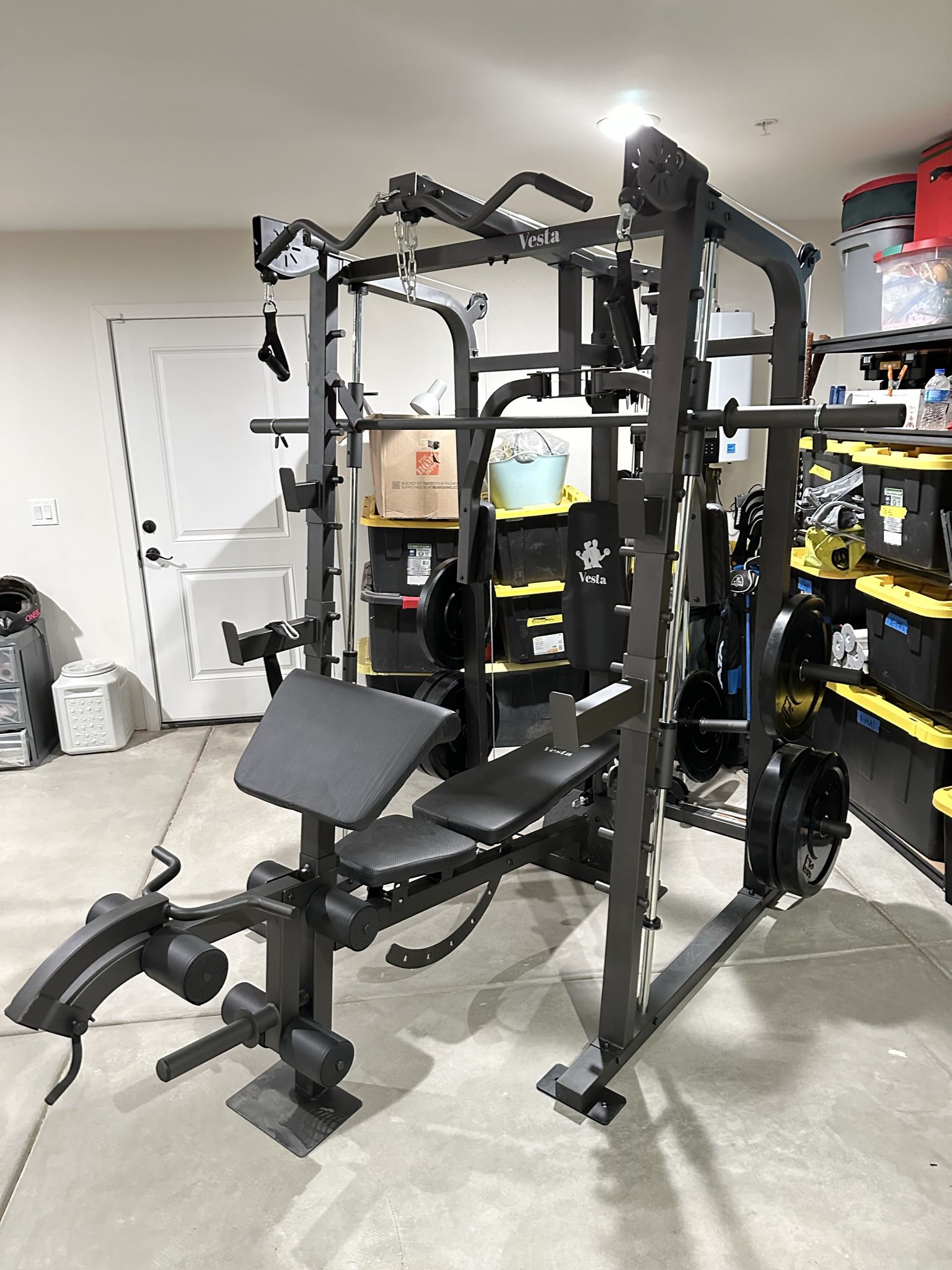 Vesta Fitness Smith Machine 2001 w/Bench Attachment | 230lb Bumpers Weights | 7ft Olympic Bar | Fitness | Gym Equipment | FREE DELIVERY🚚