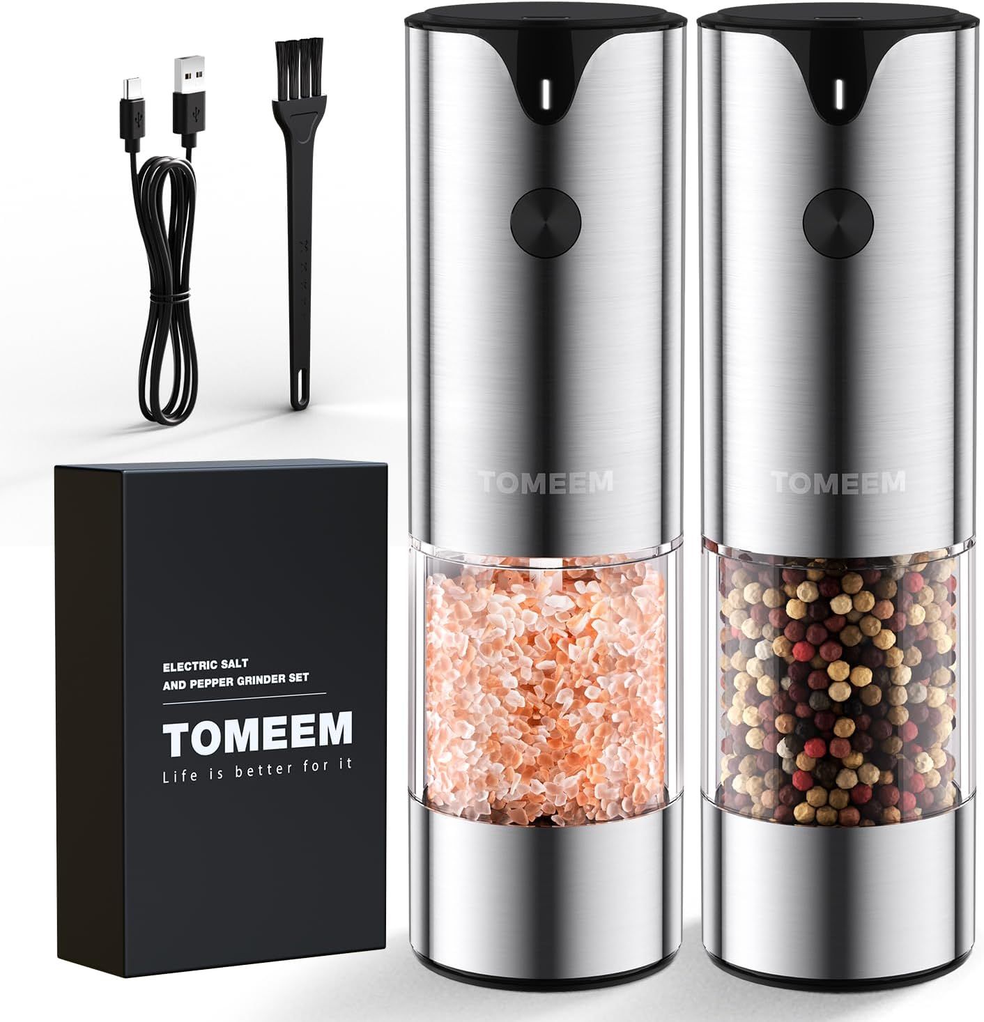 Rechargeable Salt and Pepper Grinder Set with 6 Adjustable Coarseness - Stainless Steel Automatic Pepper Grinder and Salt Grinder with LED Lights - Up