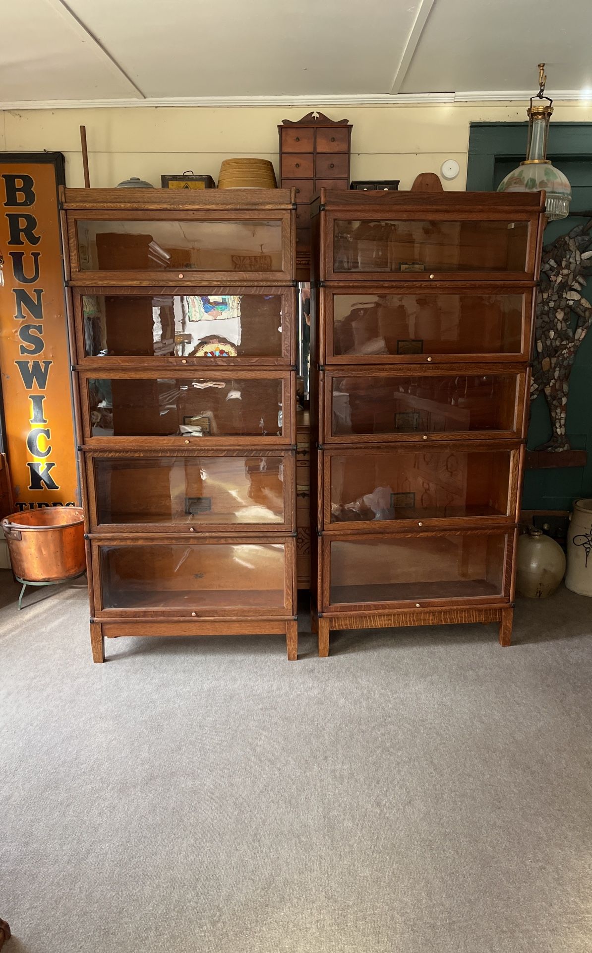 Antique Quartersawn Oak Globe Wernicke D299 five section bookcases matched pair