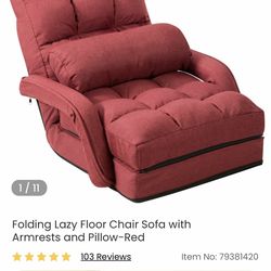 Folding Lazy Floor Chair Sofa with Armrests and Pillow-Red
