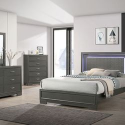Brand New Grey Queen Size 4pc Bedroom Set (Available In California & Eastern King)