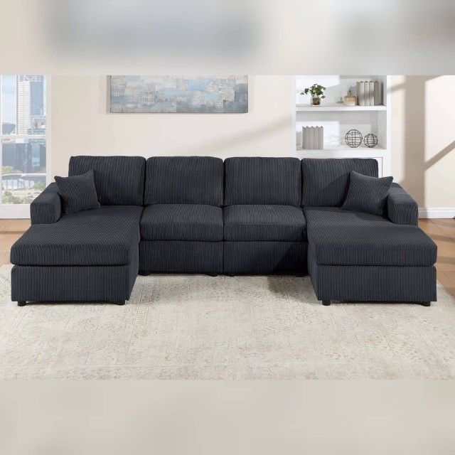 U shaped Black Corduroy sectional sofa with Double chaise