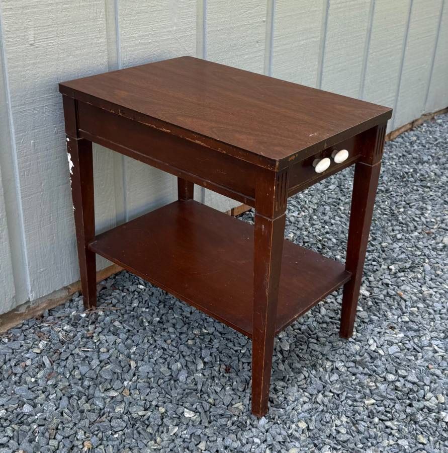 Antique Mersman Mahogany Federal Style Taper Leg 2 Tier Side End Lamp Table Nightstand With Drawer And Shelf