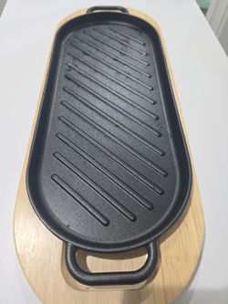 Nonstick Cast Iron Grill Pan With Wooden Base