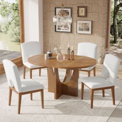 Modern 5-Piece Extendable Round Dining Table Set with 16.2inch Removable Leaf for Small Places, Walnut
