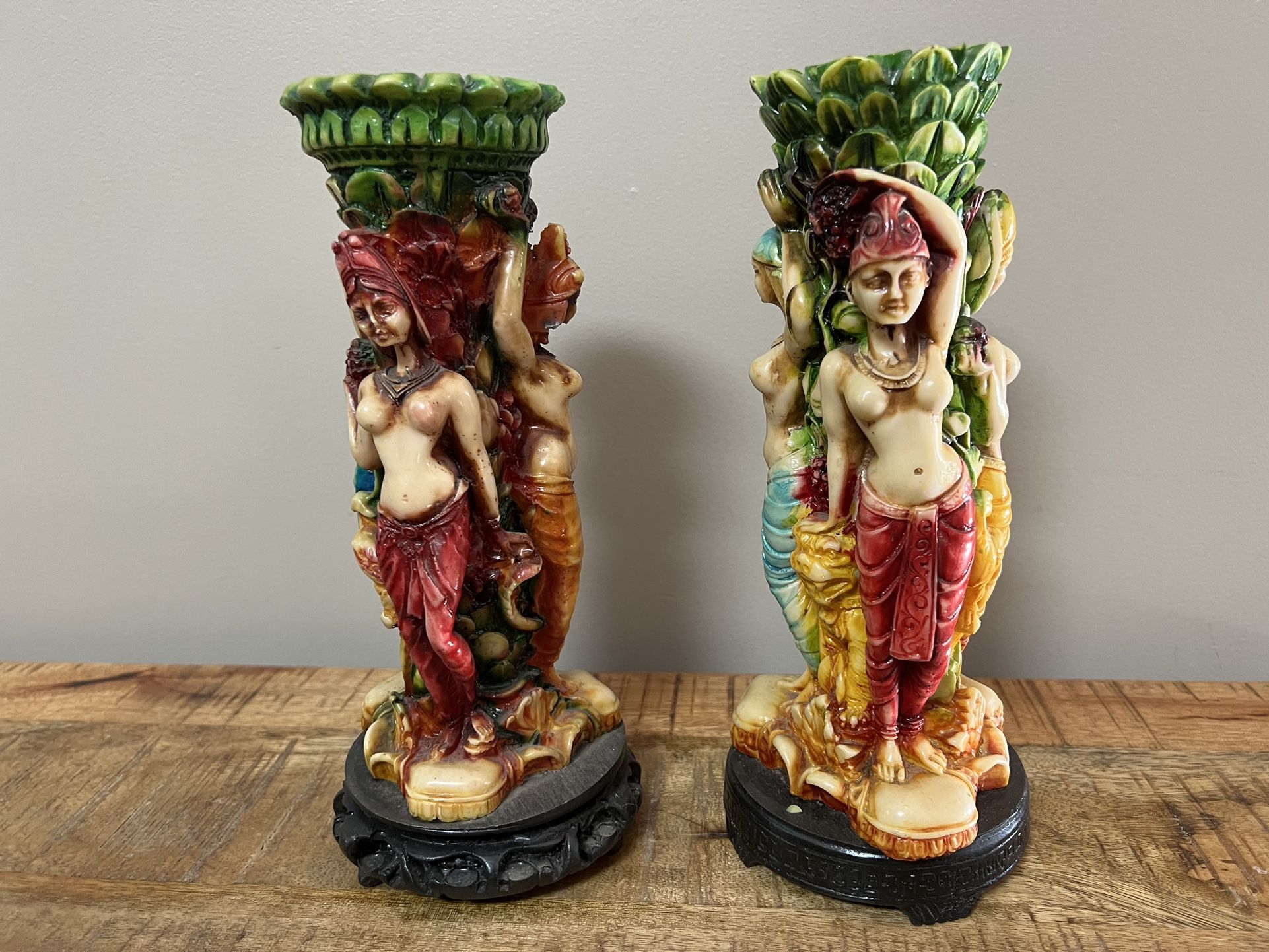 VINTAGE ASIAN RESIN VASES DRAGONS DOGS EXOTIC DANCER GODDESSES CANDLE HOLDER