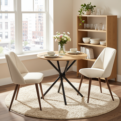 Homy Casa FONTANA+KALI 3PC Dining Set 31.5” Round Table with 2 Kali Beige Upholstered Chairs in Natural Finish