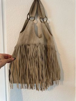 Women's Boho Suede Fringe Shoulder Bag - Tan/Taupe Slouchy Tote