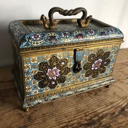 French Antique Ormolu & Enameled Bronze Jewelry Box