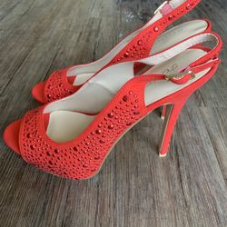Shoedazzle “Niesha” red open toe heels with rhinestones! Size 10