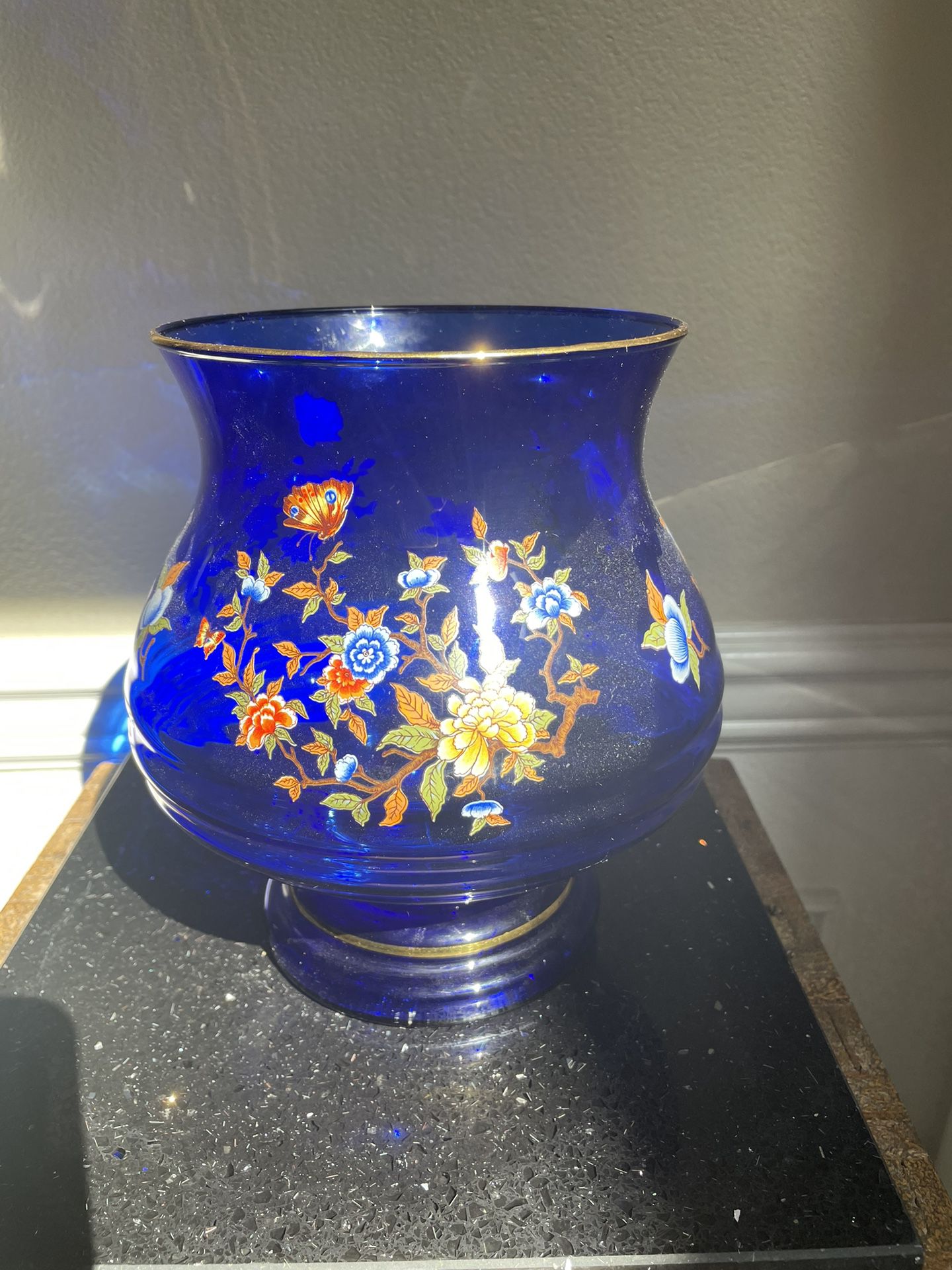 Vintage Bacchus Murano Glass Vase with 24K Gold Trim Cobalt Blue 8”T & 6”D