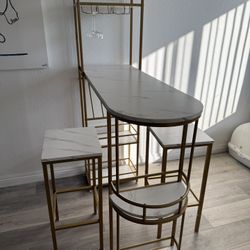 White Faux Marble Gold Bar Table Set w/ Storage + 2 Stools – Like New